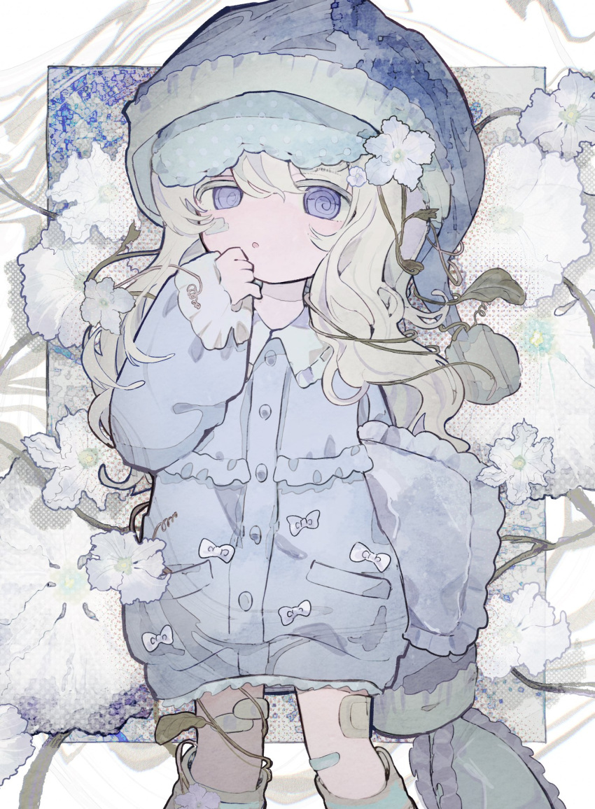 1girl @_@ bandaid bandaid_on_knee bandaid_on_leg blonde_hair blue_headwear blue_jacket bow buttons commentary english_commentary feet_out_of_frame flower frilled_jacket frilled_pillow frills gauze gauze_on_leg hair_flower hair_ornament hand_to_own_mouth hand_up hat highres holding holding_pillow jacket long_hair long_sleeves looking_at_viewer nightcap original outside_border pajamas parted_lips pillow plant purple_eyes sleep_mask sleeves_past_wrists solo soresaki uneven_eyes vines wavy_hair white_bow white_flower