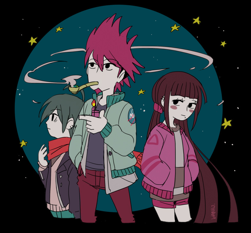 1girl 2boys ahoge alternate_costume aqua_hair artist_name black_background black_eyes black_shirt blanko! blue_jacket blue_pants blue_sleeves blunt_bangs brown_hair buttons circle closed_mouth collared_jacket commentary cropped_legs danganronpa_(series) danganronpa_v3:_killing_harmony denim denim_jacket ear_piercing english_commentary expressionless eyelashes facial_hair fire flat_color fringe_trim from_side goatee grey_shirt hair_between_eyes hand_in_pocket hand_up hands_in_pockets harukawa_maki highres holding holding_lighter holding_smoking_pipe jacket jeans jersey lighter long_hair long_sleeves looking_at_another low_twintails mole mole_under_mouth momota_kaito mouth_hold multiple_boys nasa_logo open_clothes open_jacket pale_skin pants piercing pink_hair pink_jacket pink_scrunchie pink_shorts pink_sleeves pocket red_pants red_scarf saihara_shuichi scarf scrunchie shirt short_hair short_shorts shorts smoke smoking smoking_pipe spiked_hair star_(sky) star_(symbol) sweater_jacket sweater_vest twintails very_long_hair vest white_vest