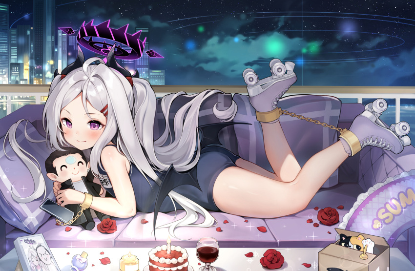 1girl absurdres black_horns black_one-piece_swimsuit black_wings blue_archive blush building cake cellphone closed_mouth cup demon_horns demon_wings doodle_sensei_(blue_archive) flower food grey_footwear grey_hair halo highres hina_(blue_archive) hina_(swimsuit)_(blue_archive) horns long_hair lying multiple_horns name_tag night okazakileo on_stomach one-piece_swimsuit phone purple_eyes red_flower red_rose rose school_swimsuit sensei_(blue_archive) smartphone smile solo swimsuit wings