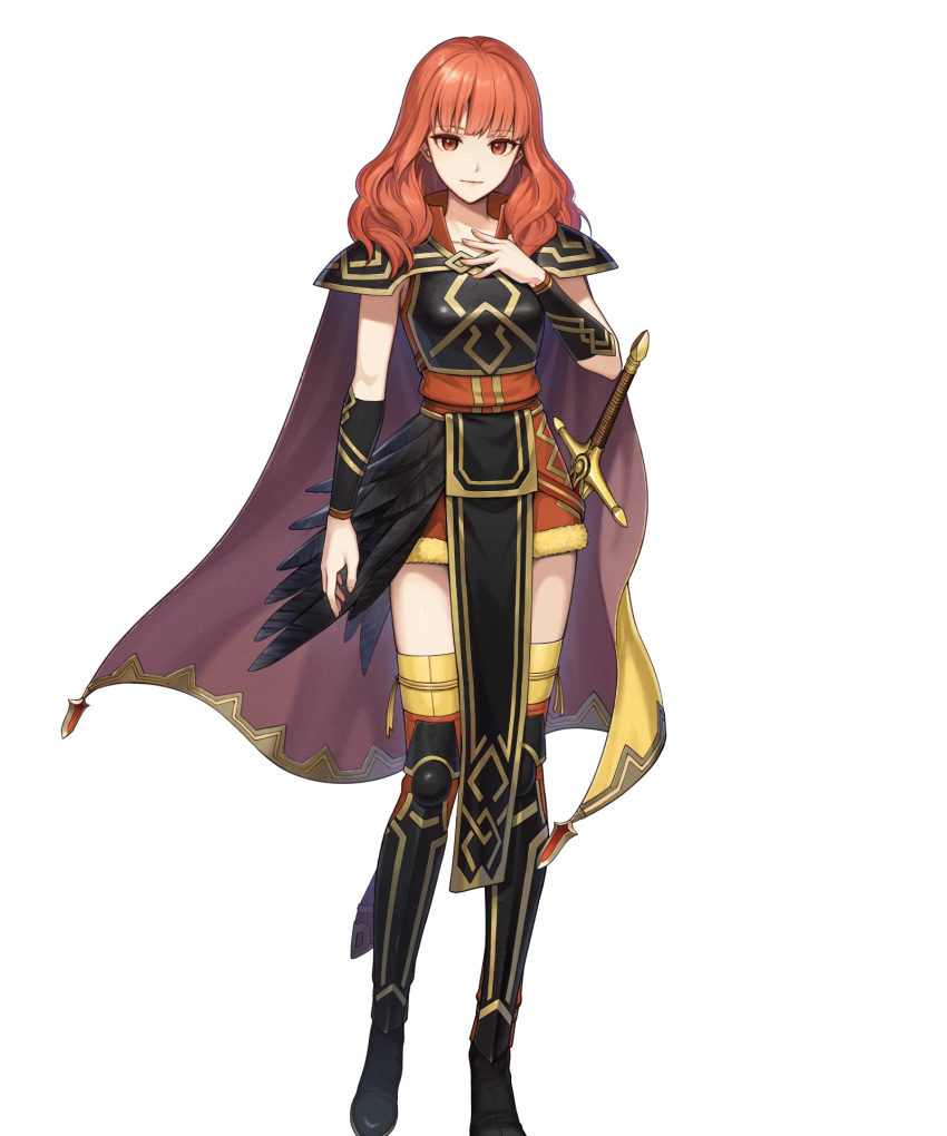 1girl black_footwear boots breasts cape celica_(fire_emblem) celica_(warrior_princess)_(fire_emblem) celica_(warrior_princess)_(resplendent)_(fire_emblem) fire_emblem fire_emblem_echoes:_shadows_of_valentia fire_emblem_heroes hand_on_own_chest highres looking_at_viewer medium_breasts medium_hair non-web_source official_alternate_costume official_art pelvic_curtain red_eyes red_hair shoulder_pads smile solo sword tachi-e thigh_boots wavy_hair weapon yellow_cape