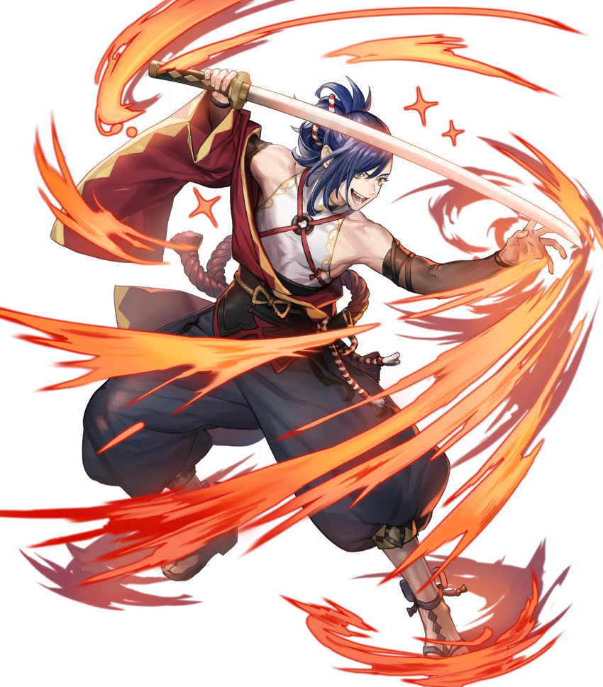 1boy attack bare_shoulders blue_hair fire_emblem fire_emblem_engage fire_emblem_heroes h hair_ornament hair_over_one_eye hair_up hairclip highres holding holding_sheath holding_sword holding_weapon japanese_clothes kagetsu_(fire_emblem) katana non-web_source official_art open_mouth sandals sheath smile solo sword teeth v-shaped_eyebrows weapon