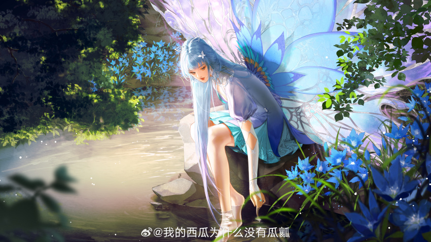 1girl absurdres bare_shoulders blue_flower butterfly_hair_ornament closed_mouth douluo_dalu fingerless_gloves flower forest full_body gloves gradient_hair grass hair_ornament highres juliet_sleeves leaning_forward long_sleeves looking_down multicolored_hair nature puffy_sleeves ripples second-party_source single_fingerless_glove sitting solo tang_wutong_(douluo_dalu) water wings yi_jia