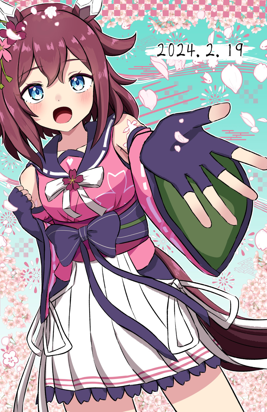 1girl absurdres animal_ears blue_eyes blush breasts cherry_blossoms clenched_hand commentary_request dated detached_sleeves fingerless_gloves gloves hair_between_eyes highres horse_ears horse_tail medium_breasts miboshi_moroboshi open_mouth petals pink_hair reaching reaching_towards_viewer sakura_chiyono_o_(umamusume) solo tail umamusume