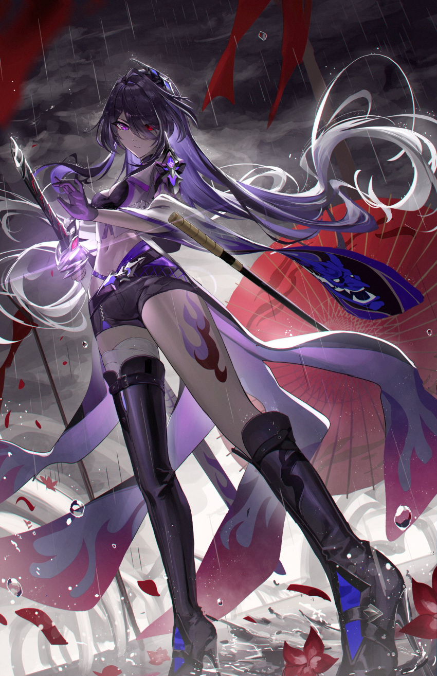 1girl absurdres acheron_(honkai:_star_rail) asymmetrical_footwear bandaged_leg bandages black_footwear black_shorts boots cloud cloudy_sky coat commentary flower heterochromia high_heel_boots high_heels highres honkai:_star_rail honkai_(series) katana leg_tattoo long_sleeves meltyrice midriff navel oil-paper_umbrella outdoors petals purple_eyes purple_hair rain red_eyes red_flower red_umbrella scabbard sheath sheathed short_shorts shorts sky solo stomach sword tattoo thighs umbrella weapon white_coat