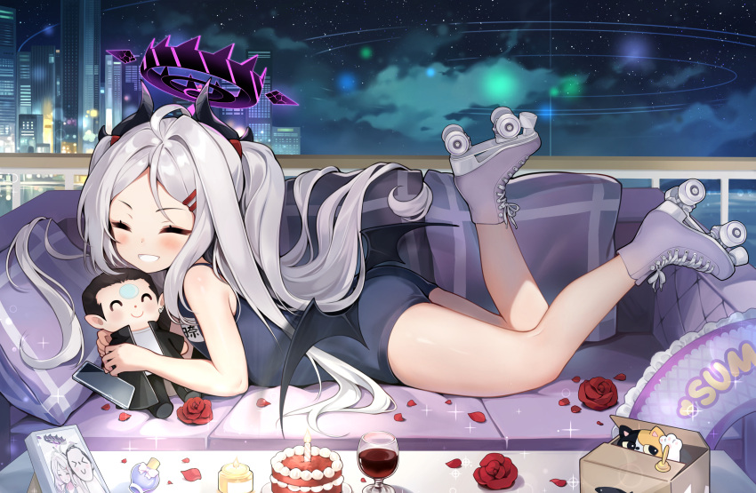 1girl absurdres black_horns black_one-piece_swimsuit black_wings blue_archive blush building cake cellphone closed_eyes cup demon_horns demon_wings doodle_sensei_(blue_archive) flower food grey_footwear grey_hair grin halo highres hina_(blue_archive) hina_(swimsuit)_(blue_archive) horns long_hair lying multiple_horns name_tag night okazakileo on_stomach one-piece_swimsuit phone red_flower red_rose rose school_swimsuit sensei_(blue_archive) smartphone smile solo swimsuit wings