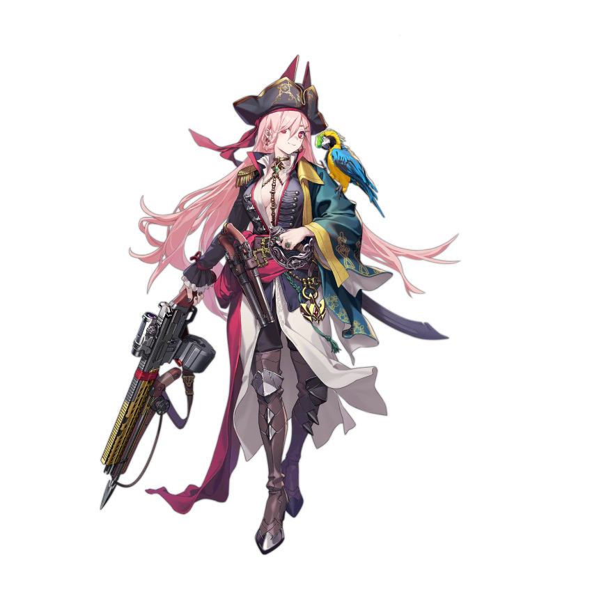 1girl :3 animal_on_shoulder antique_firearm armored_boots belt bird black_coat black_headwear black_pants blue_coat boots braid breasts brown_belt brown_footwear cleavage closed_mouth coat cutlass earrings epaulettes firelock flintlock full_body girls'_frontline gun hair_between_eyes hair_ornament hairclip hand_on_handle harpoon harpoon_gun hat highres holding holding_gun holding_weapon jewelry large_breasts long_hair long_sleeves mole mole_under_eye multiple_rings necklace necklace_between_breasts official_alternate_costume official_art open_clothes open_coat open_shirt ornate_ring overcoat pants parrot pink_hair pirate pirate_hat red_eyes rifle ring shirt sig_mcx sig_mcx_(girls'_frontline) sig_mcx_(kraken_huntress)_(girls'_frontline) simple_background single_braid single_epaulette smile solo standing thigh_boots third-party_source transparent_background tricorne very_long_hair weapon white_shirt yitiao_er-hua