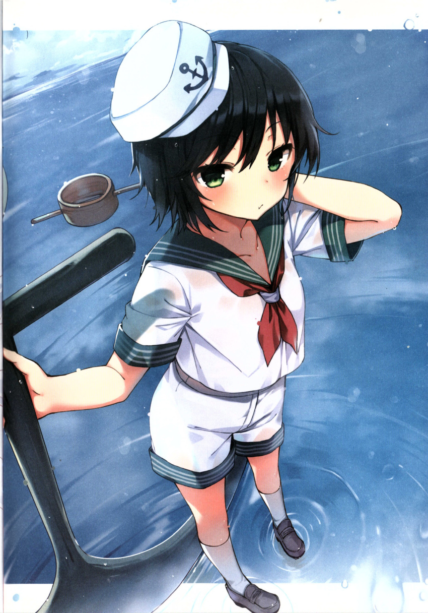 1girl absurdres anchor anchor_symbol black_hair blue_sky blush border closed_mouth collarbone day full_body green_eyes grey_footwear hair_between_eyes hands_up hat highres hishaku holding holding_anchor looking_at_viewer murasa_minamitsu neckerchief ocean outdoors outside_border red_neckerchief sailor_collar sailor_hat shirt shnva shoes short_hair short_sleeves shorts sky socks solo standing touhou water wet wet_clothes white_border white_headwear white_shirt white_shorts white_socks