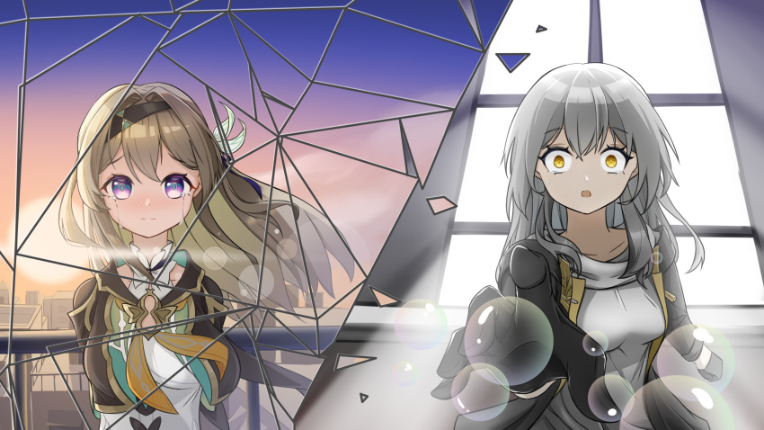 2girls black_hairband black_jacket blue_pupils bow bubble closed_mouth cloud collarbone cropped_jacket crossed_bangs evening firefly_(honkai:_star_rail) floating_hair green_hair grey_hair hair_between_eyes hair_bow hair_intakes hairband highres honkai:_star_rail honkai_(series) jacket long_hair looking_at_viewer multiple_girls nahimbei neckerchief open_clothes open_jacket open_mouth orange_eyes orange_neckerchief pink_eyes railing shirt sidelocks smile stelle_(honkai:_star_rail) trailblazer_(honkai:_star_rail) upper_body white_bow white_shirt wide-eyed