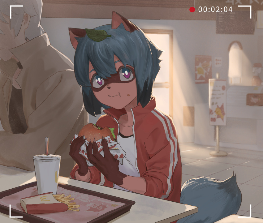 1girl absurdres animal_ears animal_nose black_shirt blue_hair body_fur brand_new_animal brown_fur burger camera cup drinking_straw eating fast_food food french_fries furry furry_female furry_with_non-furry highres holding holding_food interspecies jacket kagemori_michiru leaf leaf_on_head lettuce looking_at_viewer menu_board multicolored_hair ogami_shirou raccoon_ears raccoon_girl raccoon_nose raccoon_tail recording red_jacket restaurant sesame_seeds shirt short_hair soda tail tanuki track_jacket tray user_ehpk4578 white_hair white_shirt