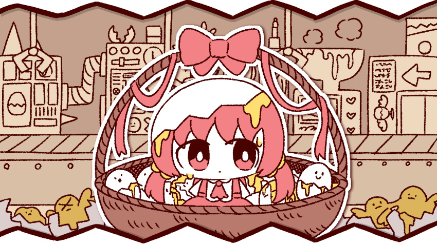 1girl alternate_hair_color ascot basket bird bow bright_pupils chibi chibi_only chick closed_mouth collared_shirt colored_skin conveyor_belt cracked_egg dress egg expressionless facing_viewer kaai_yuki looking_to_the_side low_twintails machine pepoyo pinafore_dress red_ascot red_bow red_dress red_eyes red_hair red_ribbon ribbon shirt sleeveless sleeveless_dress solo tamago_(vocaloid) twintails vocaloid white_pupils white_shirt white_skin