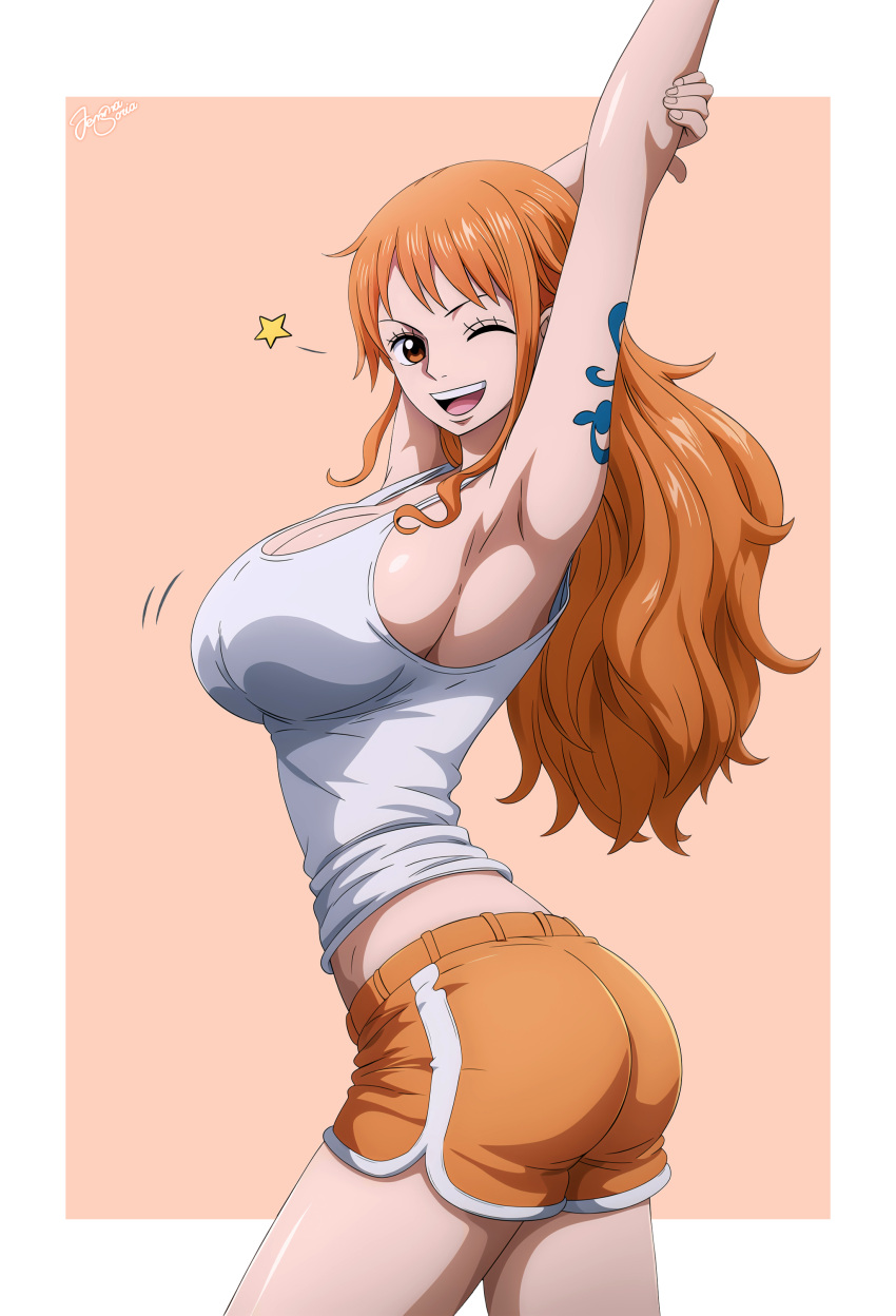 1girl absurdres arm_tattoo arms_up artist_name artist_request ass breasts brown_eyes commentary fingernails from_side highres large_breasts long_hair looking_at_viewer midriff_peek nami_(one_piece) one_eye_closed one_piece open_mouth orange_hair orange_shorts pink_background shiny_skin shirt shorts sideboob signature sleeveless sleeveless_shirt tattoo teeth thighs upper_teeth_only white_shirt