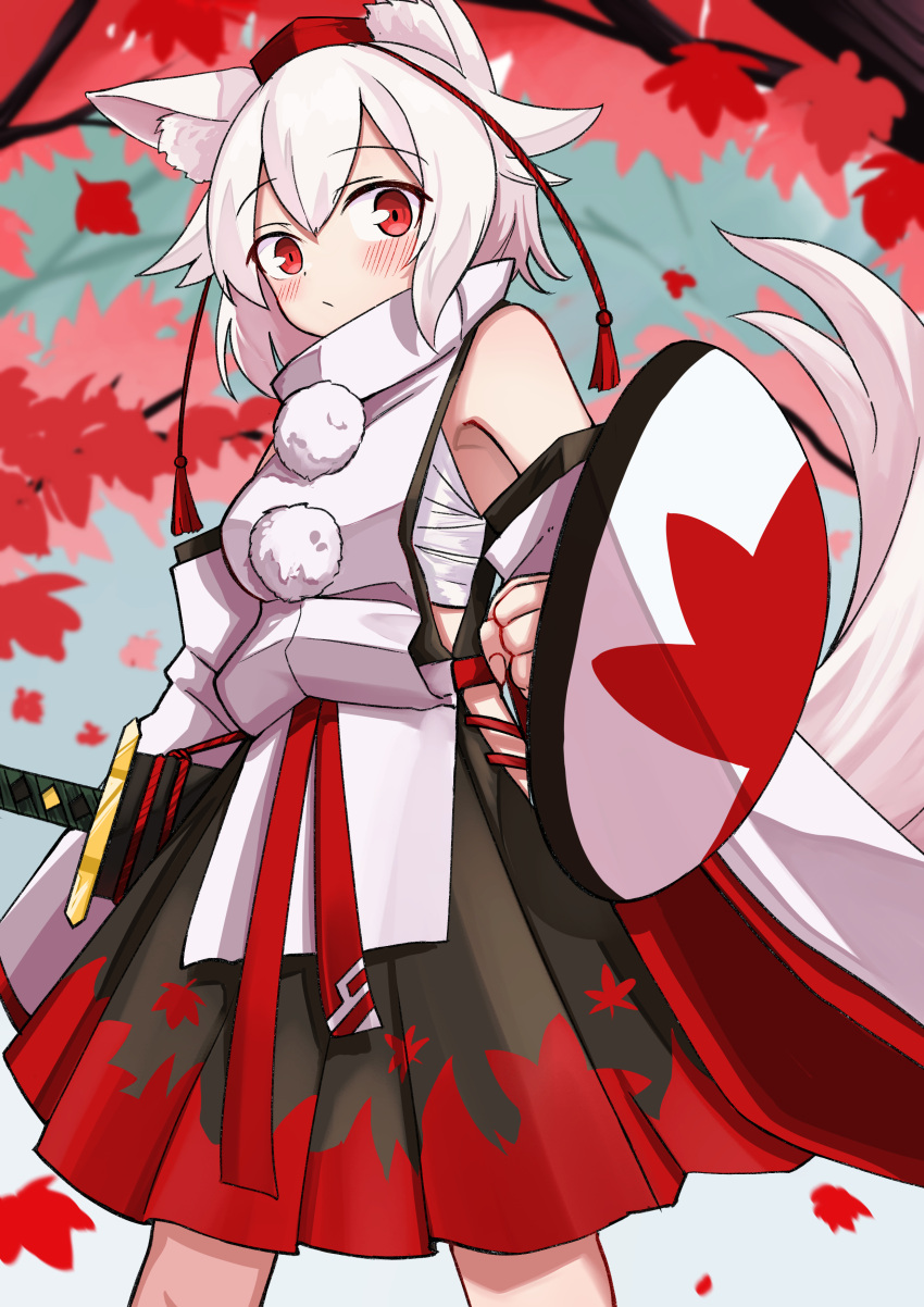 1girl absurdres animal_ear_fluff animal_ears autumn_leaves blush chest_sarashi detached_sleeves hat highres inubashiri_momiji leaf_print looking_at_viewer pom_pom_(clothes) print_skirt red_eyes sarashi scabbard sheath sheathed shield short_hair skirt solo sword tail tokin_hat touhou weapon white_hair wolf_ears wolf_girl wolf_tail yuuka_(a0240765)