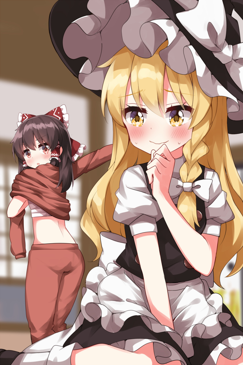 2girls alternate_costume apron blonde_hair blush bow braid chest_sarashi closed_mouth commentary_request dressing frilled_bow frilled_hair_tubes frills hair_bow hair_tubes hakurei_reimu hat hat_bow highres kirisame_marisa long_hair long_sleeves multiple_girls open_mouth puffy_short_sleeves puffy_sleeves ruu_(tksymkw) sarashi short_sleeves side_braid single_braid sitting sweat touhou waist_apron wariza white_bow witch_hat yellow_eyes