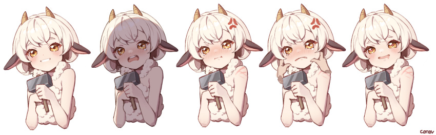 1girl 1other :i anger_vein animal_ears bare_shoulders blush brown_eyes cheek_pinching closed_mouth commentary_request cropped_torso disembodied_limb drooling eyebrows_hidden_by_hair grin hammer heart heart-shaped_pupils highres holding holding_hammer horns konbu_(hida123) lamball looking_at_viewer mouth_drool nose_blush open_mouth palworld personification pinching pout sheep_ears sheep_girl sheep_horns signature simple_background smile symbol-shaped_pupils tears teeth thick_eyebrows upper_body upper_teeth_only variations white_background white_hair