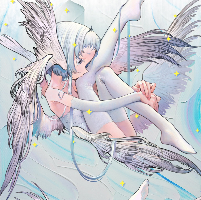 1girl angel angel_wings bare_shoulders detached_sleeves feathered_wings flat_chest grey_eyes highres hugging_own_legs kaede_(shijie_heping) knees_to_chest multiple_wings oil_painting_(medium) original painting_(medium) profile seraph short_hair solo thighhighs traditional_media white_hair white_thighhighs wings