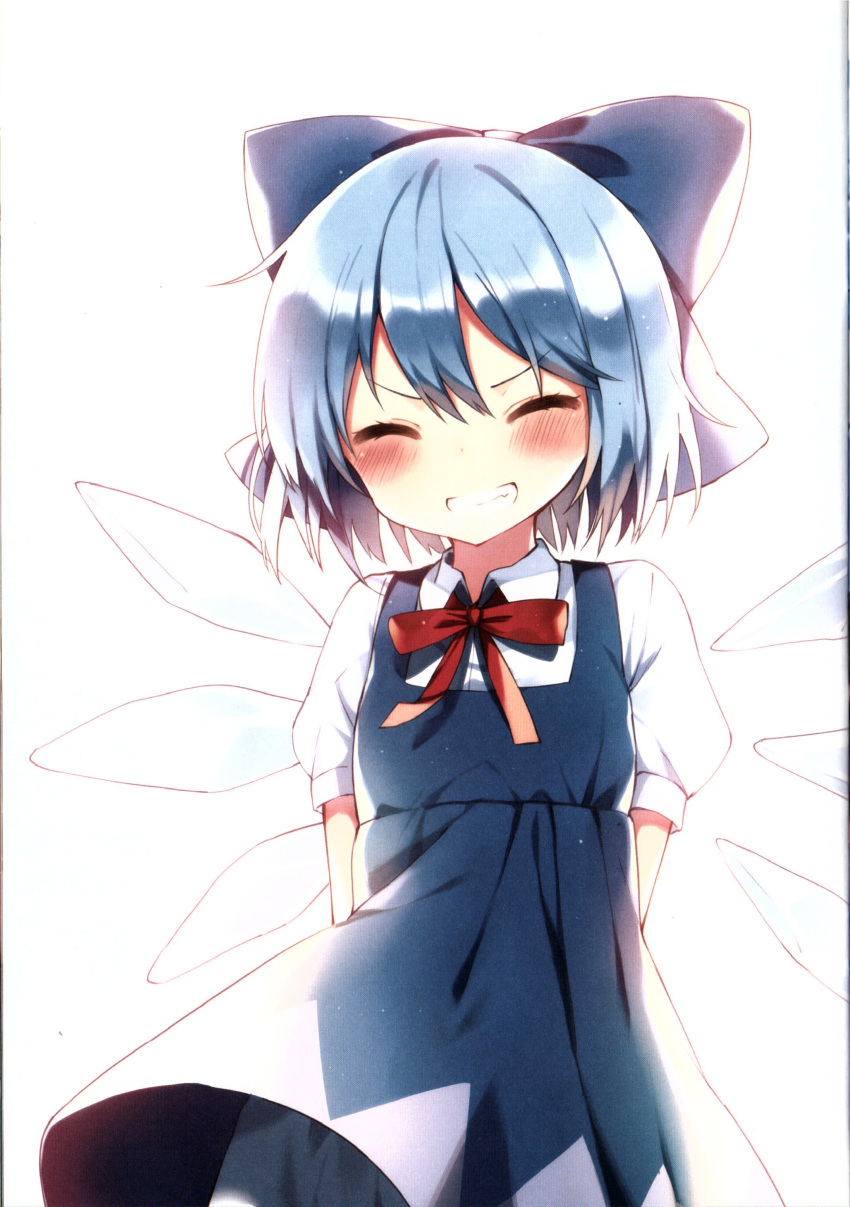 1girl absurdres arms_behind_back bloomers blue_bow blue_dress blue_hair blush bow bowtie cirno closed_eyes collared_shirt dress fairy fang hair_between_eyes hair_bow highres ice ice_wings large_bow pinafore_dress puffy_short_sleeves puffy_sleeves red_bow red_bowtie shirt shnva short_hair short_sleeves simple_background sleeveless sleeveless_dress smile solo standing teeth touhou v-shaped_eyebrows white_background white_bloomers white_shirt wings