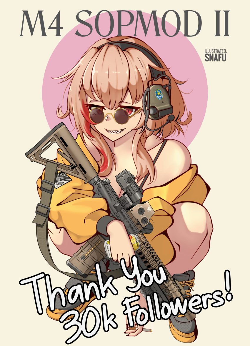 1girl absurdres artist_name assault_rifle black_nails brown_hair can cigarette english_text girls'_frontline glasses gun highres holding holding_can holding_cigarette jacket lemonade m4_carbine m4_sopmod_ii_(girls'_frontline) multicolored_hair optical_sight red_eyes rifle sign snafu_(snafy_snu) solo squatting streaked_hair warning_sign weapon white_background yellow_jacket