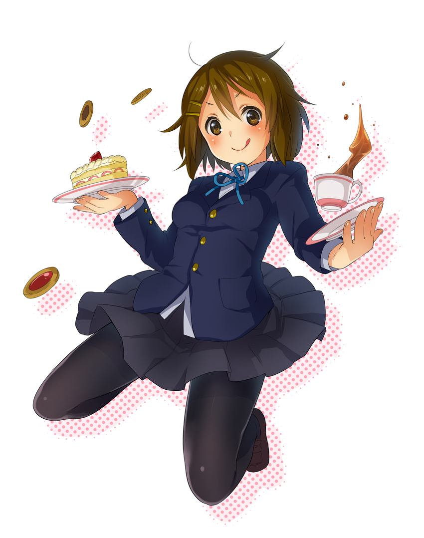 brown_eyes brown_hair cake cookie cup floating food fruit highres hirasawa_yui k-on! layer_cake loafers pantyhose pleated_skirt ribbon sakuragaoka_high_school_uniform school_uniform shoes short_hair skirt strawberry strawberry_shortcake tea teacup thumbprint_cookie tongue tongue_out yamori_(stom)