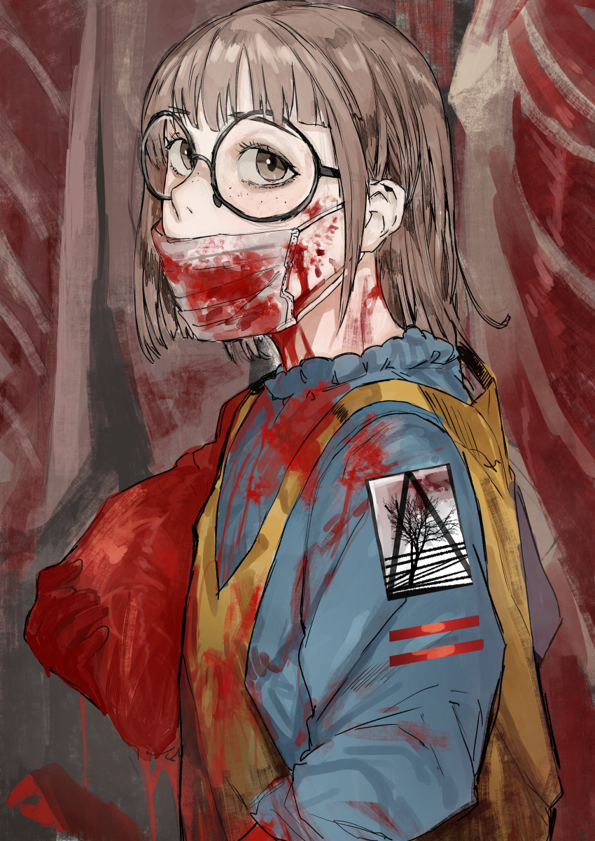 1girl absurdres black-framed_eyewear blood blood_on_clothes blood_on_face blood_on_mask blue_shirt butcher eyelashes food freckles glasses grey_eyes grey_hair hanging_food highres hiranko long_sleeves mask meat medium_hair mouth_mask original patch raw_meat round_eyewear shirt shoulder_patch smock solo surgical_mask upper_body