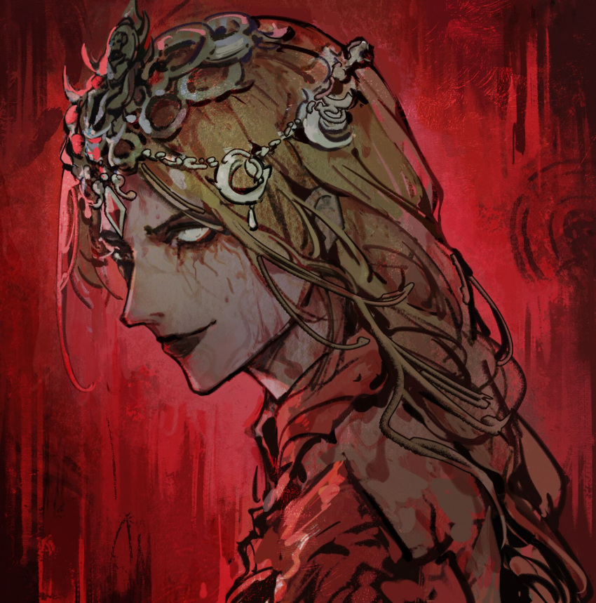 1girl baldur's_gate baldur's_gate_3 black_lips blonde_hair blood blood_on_clothes blood_on_face bodysuit circlet dungeons_and_dragons from_side hair_ornament headpiece highres long_hair looking_at_viewer low-tied_long_hair orin_the_red portrait red_background red_bodysuit red_theme renshena simple_background smile solo white_eyes