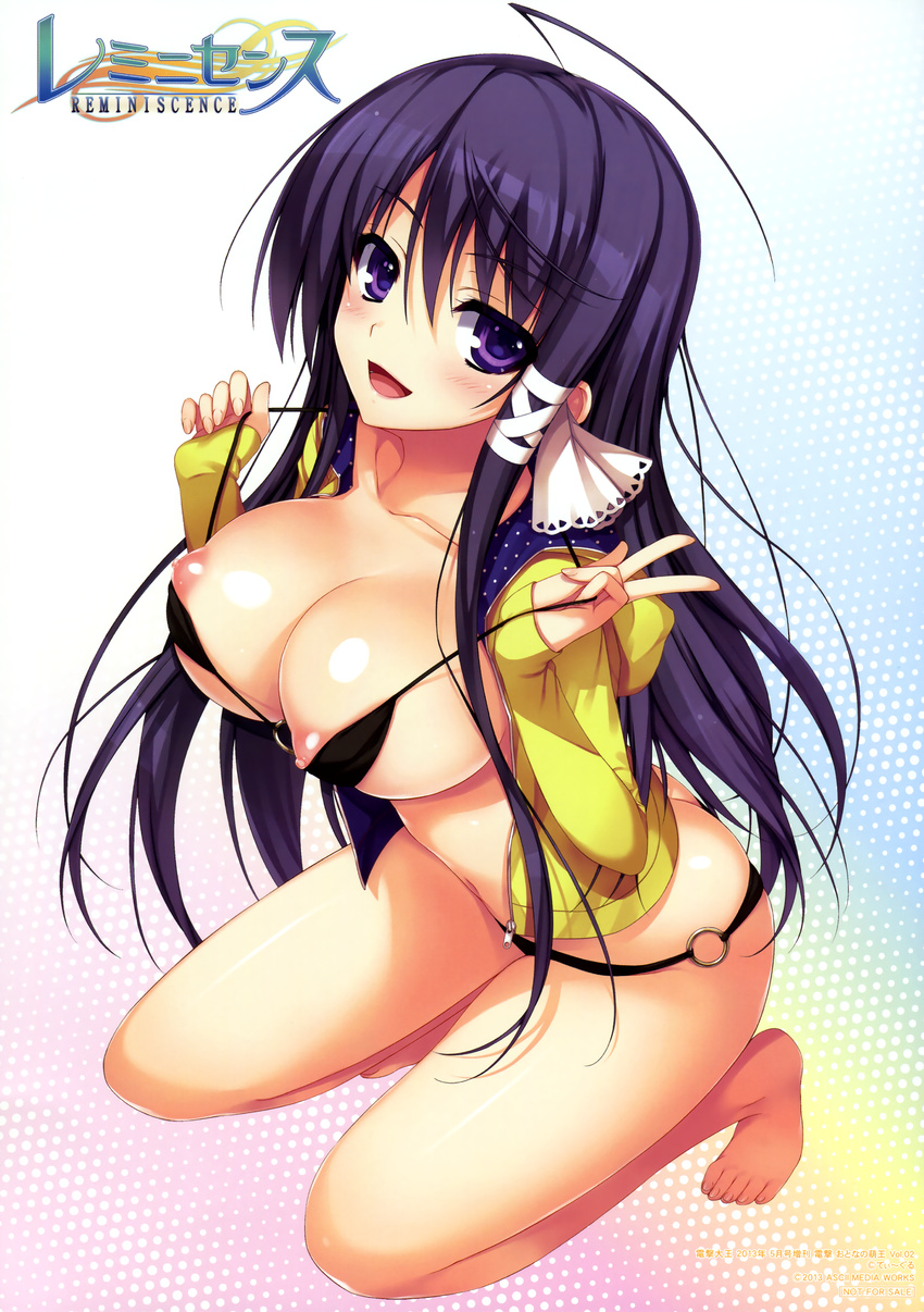 absurdres ahoge ass barefoot bikini bikini_pull blush breasts highres jacket kneeling large_breasts long_hair looking_at_viewer micro_bikini mizuno_rin nipples o-ring o-ring_bikini o-ring_bottom o-ring_top open_clothes open_jacket open_mouth pulled_by_self purple_eyes purple_hair reminiscence ribbon shiny shiny_skin smile solo strap_lift swimsuit tomose_shunsaku v zipper