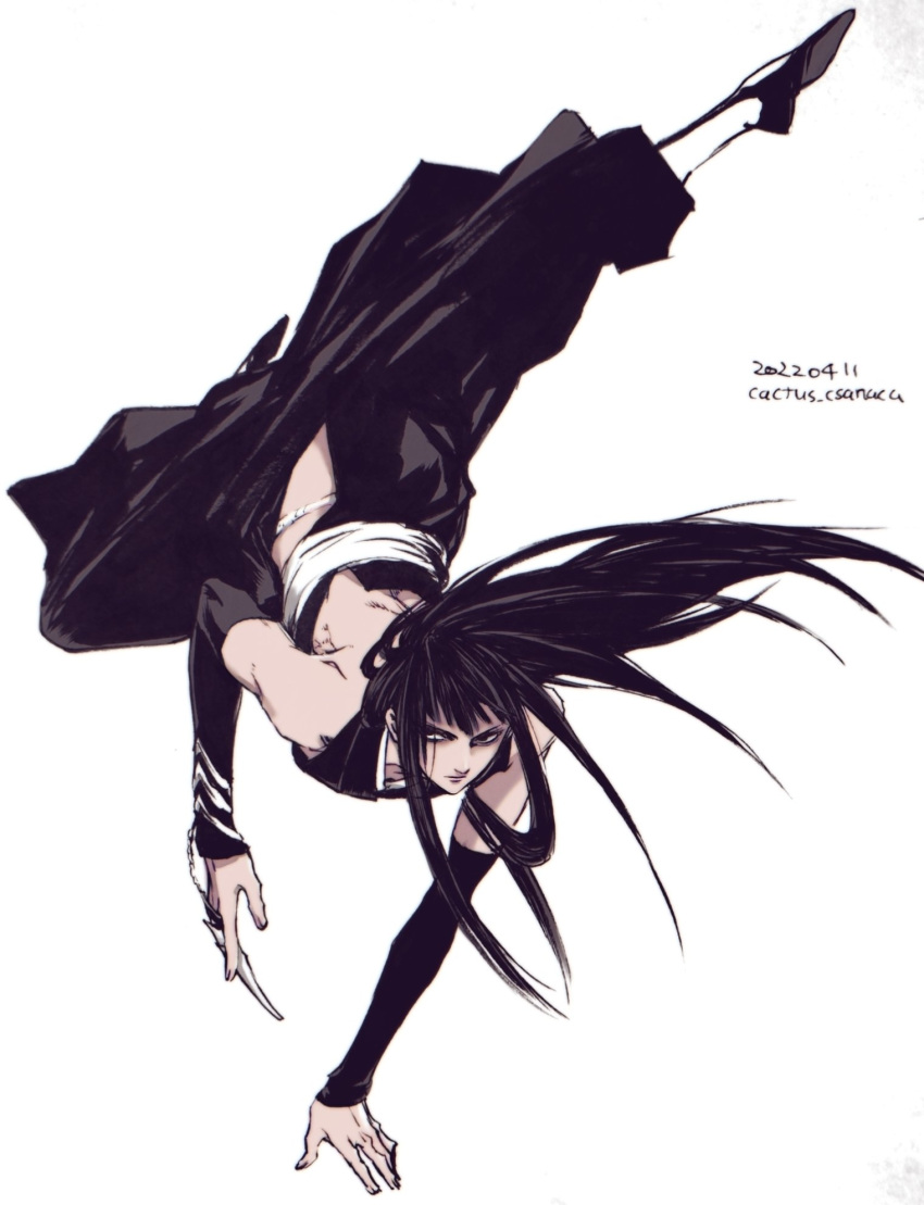 1boy backless_outfit bare_back bare_shoulders black_hair bleach claw_ring cosplay csanaca dated detached_sleeves floating_hair hakama halterneck handstand harrison_dirk higeki_no_genkyou_tonaru_saikyou_gedou_last_boss_joou_wa_tami_no_tame_ni_tsukushimasu highres hip_vent japanese_clothes long_hair looking_at_viewer male_focus outstretched_arm outstretched_leg sash shoe_soles shoes simple_background solo sui-feng sui-feng_(cosplay) twitter_username white_background