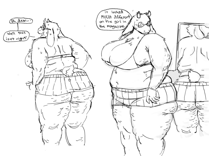 2024 anthro big_breasts black_and_white boss_monster_(undertale) bottomwear bovid bra breasts butt caprine cellulite clothing dialogue english_text female goat hi_res huge_breasts katsfish mammal monochrome overweight overweight_anthro overweight_female panties skirt solo text toriel undertale undertale_(series) underwear