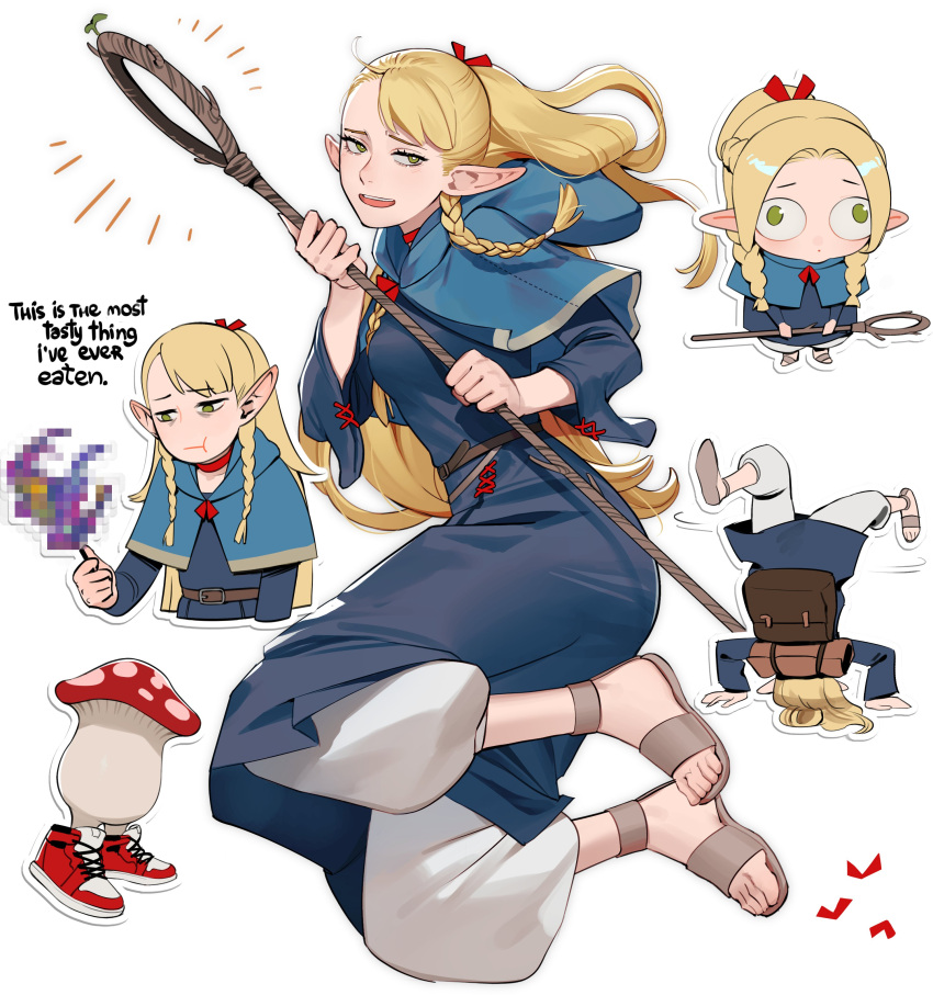 1girl :t absurdres among_us_drip_(meme) backpack bag bags_under_eyes belt blonde_hair blue_capelet blue_robe braid breakdance breasts brown_belt capelet censored censored_food chibi choker commentary cropped_torso dungeon_meshi eating elf english_commentary english_text feet full_body green_eyes hair_over_shoulder hair_ribbon heart high_tops highres holding holding_staff hood hooded_capelet lavelis light_smile long_hair long_pointy_ears long_sleeves looking_to_the_side low_twin_braids mage_staff marcille_breakdance_(meme) marcille_donato medium_breasts meme multiple_views notice_lines pointy_ears red_choker red_ribbon ribbon robe sandals shoes sidelocks sneakers sprout staff teeth toes twin_braids upper_teeth_only very_long_hair walking_mushroom_(dungeon_meshi) white_background wide-eyed wide_sleeves