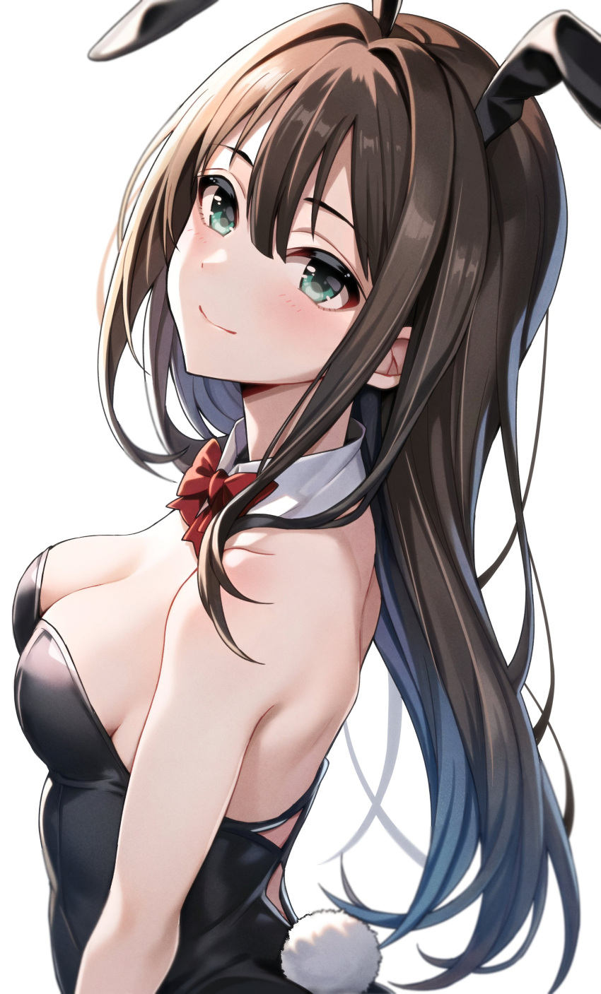1girl absurdres animal_ears aqua_eyes bare_shoulders black_leotard blush bow bowtie breasts brown_hair cleavage commentary_request detached_collar fake_animal_ears from_side hair_between_eyes highres idolmaster idolmaster_cinderella_girls leotard long_hair looking_at_viewer medium_breasts parted_bangs playboy_bunny popon_ta rabbit_ears rabbit_tail red_bow red_bowtie shibuya_rin simple_background smile solo strapless strapless_leotard tail upper_body white_background