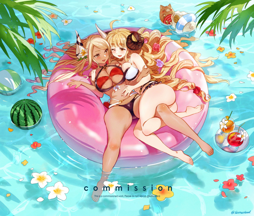 2girls anila_(granblue_fantasy) ass bare_legs barefoot bikini blonde_hair breasts cleavage commission dark-skinned_female dark_skin draph eye_contact food fruit granblue_fantasy hand_on_another's_stomach horns innertube kumbhira_(granblue_fantasy) long_hair looking_at_another multiple_girls one_eye_closed open_mouth partially_submerged sheep sheep_horns short_eyebrows smile sumustard swim_ring swimsuit thick_eyebrows very_long_hair water watermelon yuri