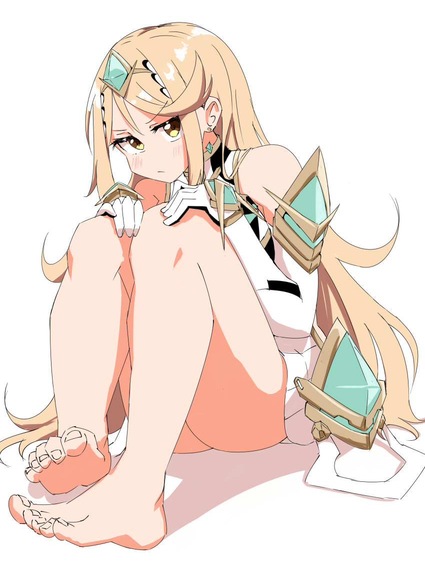 1girl absurdres barefoot blonde_hair circlet closed_mouth earrings elbow_gloves ereka feet full_body gloves highres hugging_own_legs jewelry knees_up legs long_hair looking_at_viewer mythra_(xenoblade) shadow sitting soles solo swept_bangs toenails toes very_long_hair white_background white_gloves xenoblade_chronicles_(series) xenoblade_chronicles_2 yellow_eyes