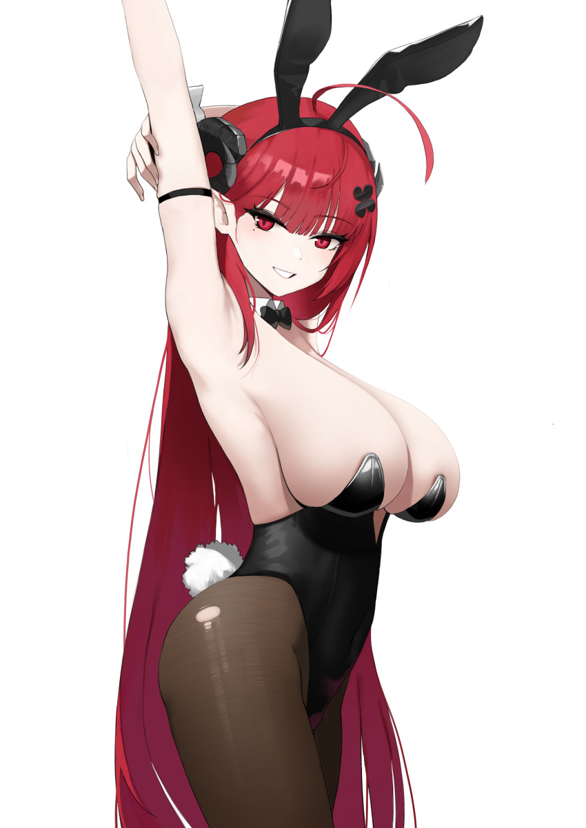 1girl absurdres ahoge animal_ears arm_strap arm_up azur_lane bare_shoulders black_horns black_leotard breasts brown_pantyhose cowboy_shot curled_horns detached_collar fake_animal_ears fake_tail hape highres hindenburg_(azur_lane) hindenburg_(delirious_duel)_(azur_lane) horns huge_breasts leotard long_hair looking_at_viewer official_alternate_costume pantyhose playboy_bunny pointy_ears rabbit_ear_hairband rabbit_ears rabbit_tail red_eyes red_hair simple_background smile solo strapless strapless_leotard tail torn_clothes torn_pantyhose undersized_breast_cup very_long_hair white_background