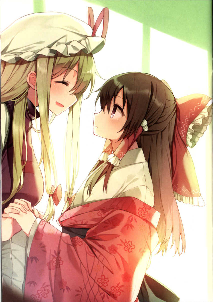 2girls absurdres alternate_costume back_bow belt black_belt black_bow blonde_hair blush bow brown_hair closed_eyes dress fingernails floral_print frills hair_between_eyes hair_bow hair_ornament hair_tubes hakurei_reimu hands_up haori hat hat_bow highres holding holding_hands japanese_clothes kimono long_hair long_sleeves looking_at_another mob_cap multiple_girls open_mouth pink_kimono purple_eyes purple_tabard red_bow shnva sidelocks smile standing tabard teeth touhou white_dress white_headwear wide_sleeves yakumo_yukari