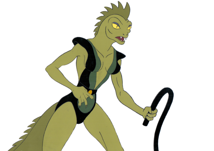 1979 20th_century ancient_art animation_cel anthro breasts clothed clothing digital_media_(artwork) eyeshadow female filmation hi_res leotard lizard lizard_woman_(the_new_adventures_of_flash_gordon) makeup membrane_(anatomy) open_mouth reptile restricted_palette scalie solo tail traditional_media_(artwork) unknown_artist whip