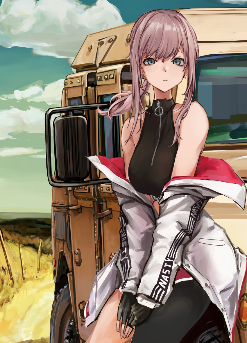 1girl absurdres aqua_eyes ar-57_(girls'_frontline) bare_shoulders black_gloves breasts cloud crop_top fingerless_gloves girls'_frontline gloves highres jacket lithographica long_hair looking_at_viewer midriff motor_vehicle off_shoulder open_clothes open_jacket outdoors own_hands_together ponytail shorts single_leg_pantyhose sky solo