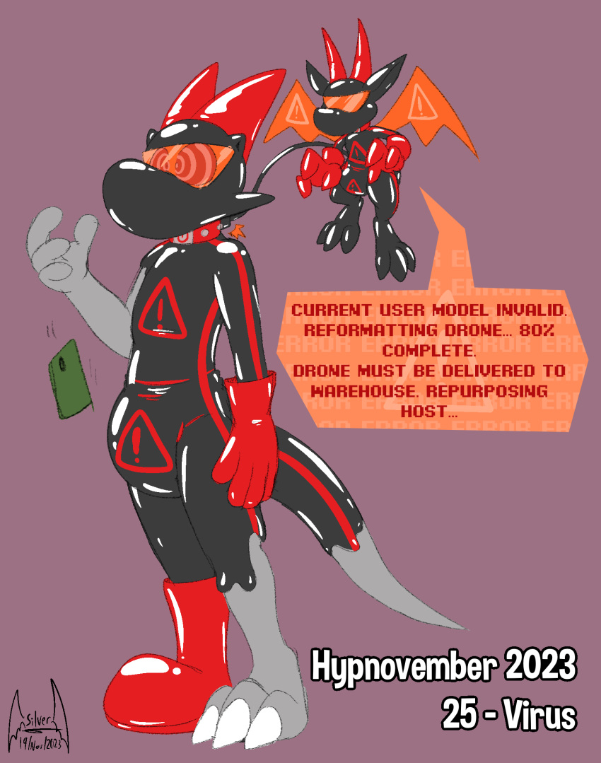 2023 3_toes 4_fingers anthro biped boots brainwashing cellphone claws clothed clothing collar control_collar dialogue diaper digital_drawing_(artwork) digital_media_(artwork) dragon drone dronification duo electronics english_text feet fingers flying footwear glistening gloves goo_transformation handwear hi_res horn hypnosis hypnotic_visor hypnovember imp latex latex_boots latex_clothing latex_footwear latex_gloves latex_handwear latex_transformation liquid_latex male membrane_(anatomy) membranous_wings mind_control orange_wings phone reboot_(soul-silver-dragon) red_boots red_clothing red_collar red_footwear red_gloves red_handwear red_horn ringed_eyes rubber_clothing rubber_suit scalie simple_background soul-silver-dragon soul-silver-dragon_(character) speech_bubble text toe_claws toes transformation underwear visor wearing_diaper wings