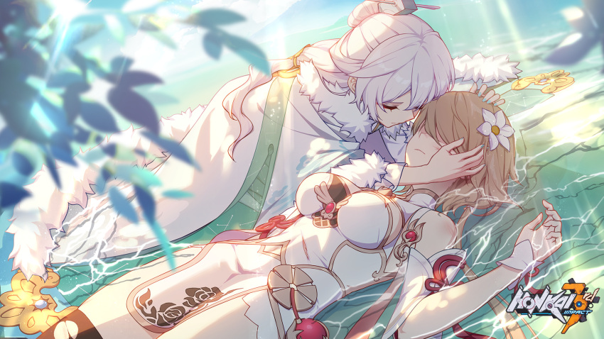 2girls bare_shoulders blue_nails breasts china_dress chinese_clothes closed_eyes closed_mouth copyright_name covered_eyes detached_sleeves dress flower fur_trim hair_flower hair_ornament hand_on_another's_face hand_on_another's_head highres honkai_(series) honkai_impact_3rd jewelry light_brown_hair logo long_hair lying multiple_girls nail_polish official_art on_back rita_rossweisse rita_rossweisse_(artemis) second-party_source theresa_apocalypse wading water white_hair zhuge_kongming_(honkai_impact)