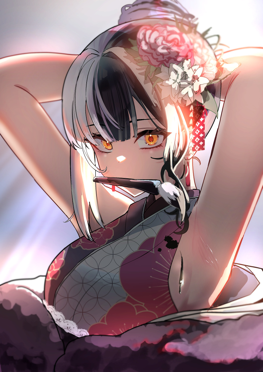 1girl absurdres armpits arms_behind_head arms_up black_hair black_kimono calligraphy_brush commentary_request floral_print futoshi_tanaka grey_hair highres hololive hololive_english japanese_clothes kimono long_hair mouth_hold multicolored_hair official_alternate_costume paintbrush shiori_novella shiori_novella_(new_year) sleeveless sleeveless_kimono solo split-color_hair two-tone_kimono virtual_youtuber white_kimono yellow_eyes