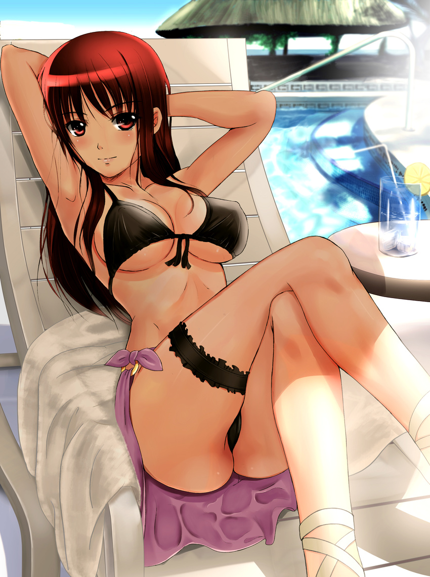 absurdres armpits bikini blush chair crossed_legs drink front-tie_top garters highres leg_garter long_hair looking_at_viewer lounge_chair o-ring o-ring_bottom original purple_sarong red_eyes red_hair sarong sitting solo soyokaze swimsuit table