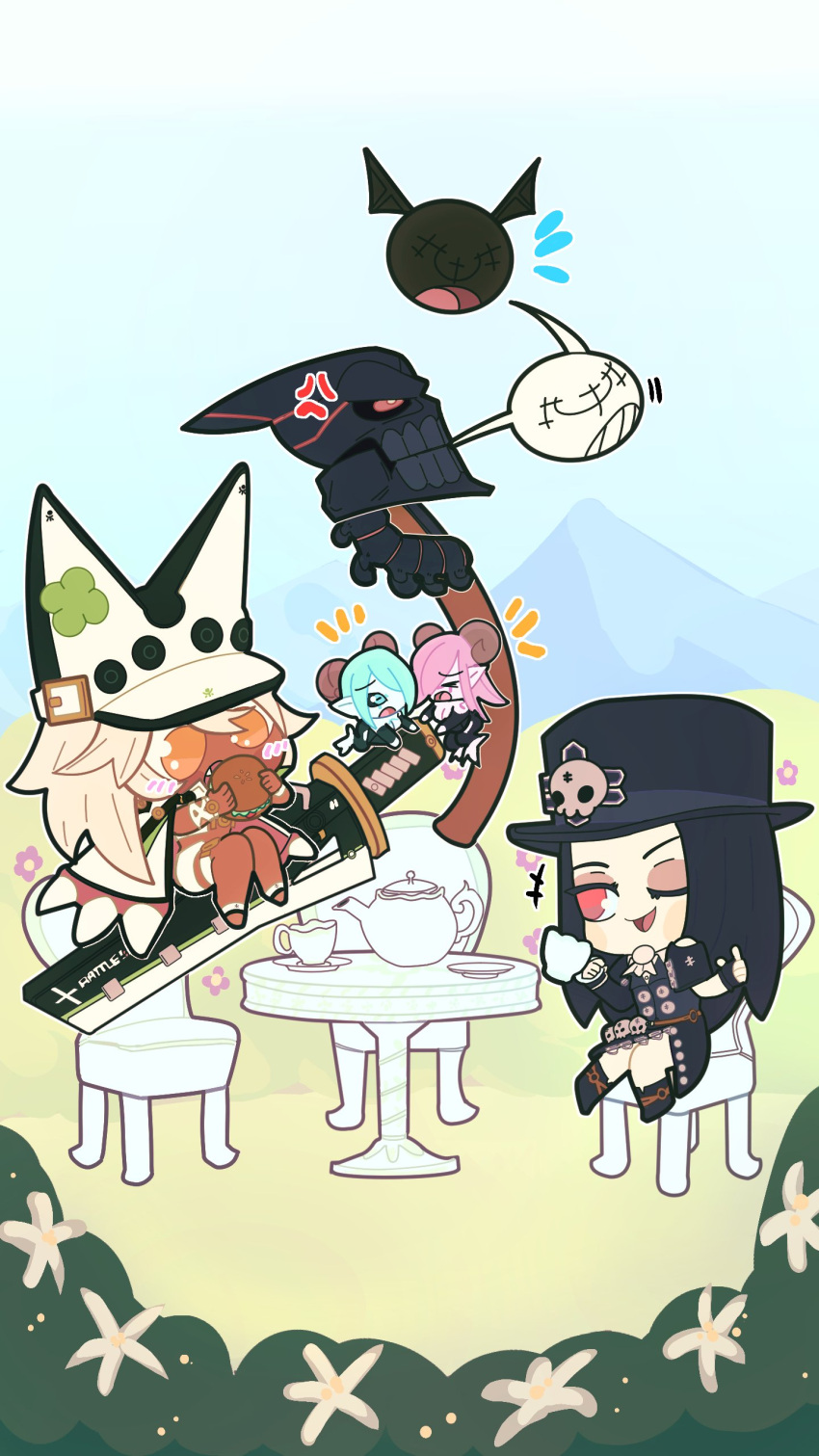 1other 3girls absurdres ascot bare_shoulders black_hair blonde_hair brainchoco cape chibi clover colored_skin cup dark-skinned_female dark_skin demon_girl demon_horns eating floating floating_object floating_sword floating_weapon four-leaf_clover green_hair guilty_gear guilty_gear_strive hat highres horns long_hair lucifero_(guilty_gear) multiple_girls orange_eyes pink_hair ramlethal_valentine red_eyes scythe skull smile succubus_familiar sword teacup testament_(guilty_gear) top_hat weapon white_ascot