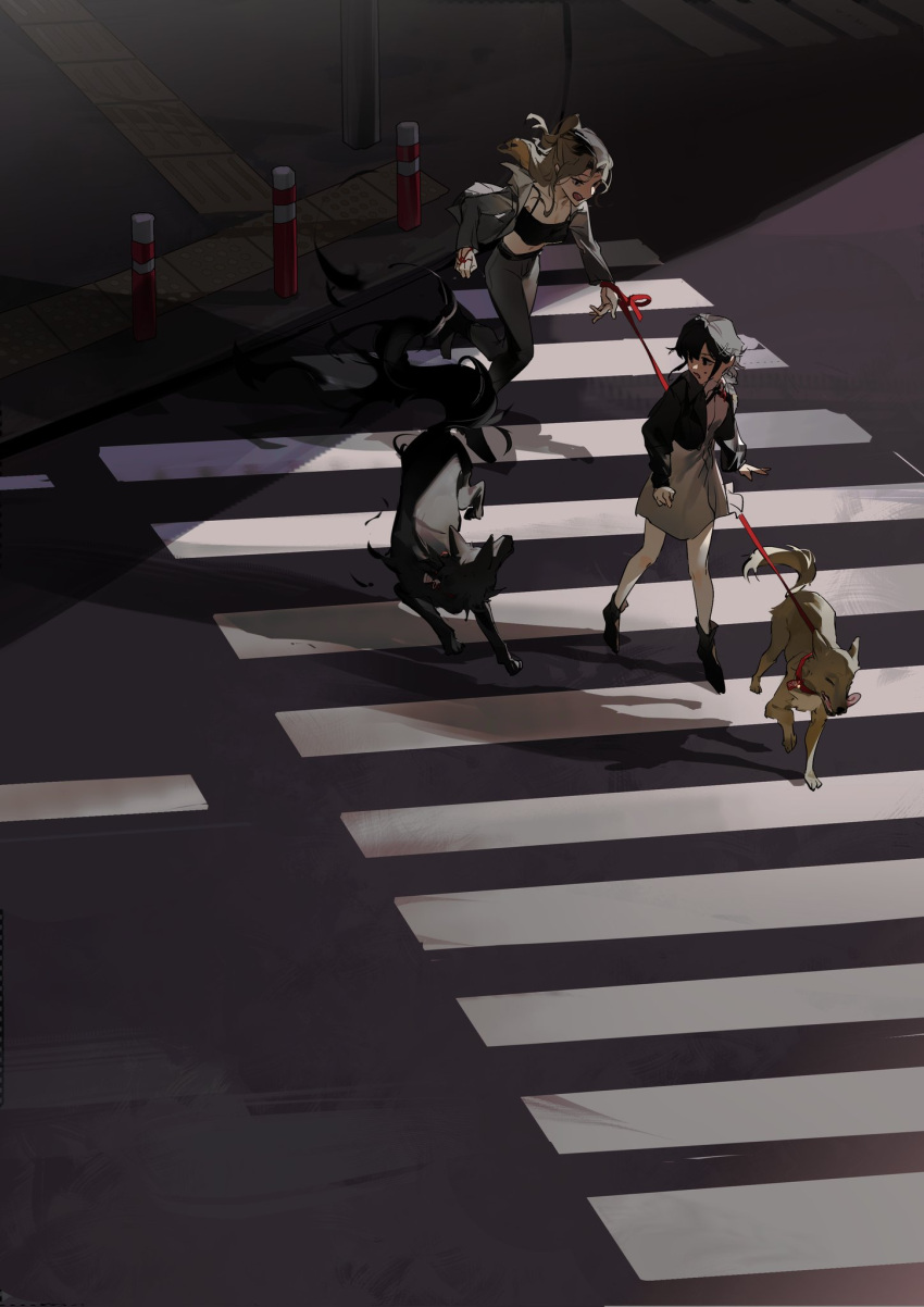 2girls animal black_eyes black_hair blonde_hair breasts cleavage commentary_request crosswalk dog dress hair_ornament hairclip highres jacket leash long_hair midriff multiple_girls navel nemuiz open_mouth original outdoors