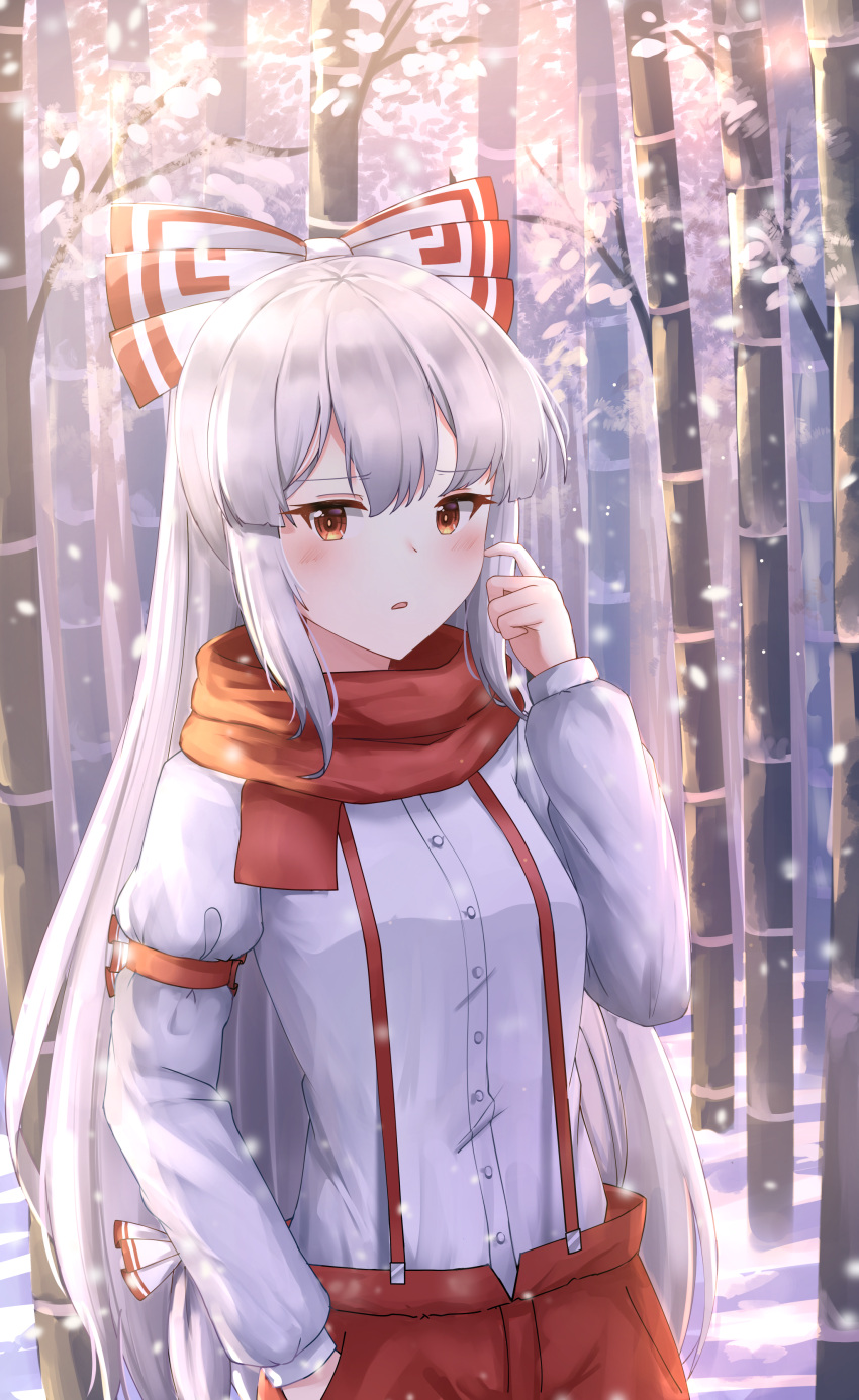 1girl absurdres bamboo bamboo_forest blush bow buttons commentary commentary_request english_commentary forest fujiwara_no_mokou grey_hair hair_bow hand_in_pocket highres kuneamorai long_hair long_sleeves looking_at_viewer mixed-language_commentary nature open_mouth outdoors pants red_eyes red_pants red_scarf scarf shirt sleeve_garter solo suspenders touhou very_long_hair white_shirt winter