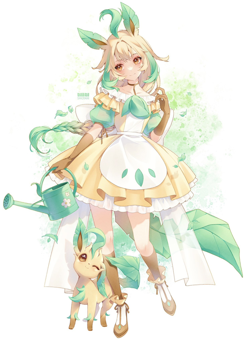 1girl 1other ahoge animal_ears blonde_hair braid brown_eyes brown_gloves brown_socks cosplay daisy dress flat_chest flower frilled_dress frills full_body gloves green_theme highres holding holding_watering_can huge_ahoge kishishiotani leaf leafeon leafeon_(cosplay) multicolored_hair pinafore_dress pokemon pokemon_(creature) puffy_short_sleeves puffy_sleeves short_sleeves sidelocks signature single_braid sleeveless sleeveless_dress socks standing streaked_hair watering_can yellow_dress