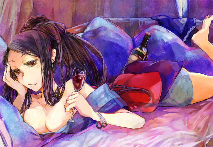 alcohol barefoot black_hair bottle bracelet breasts brown_eyes cleavage earrings hiiragi_shino idolmaster idolmaster_cinderella_girls japanese_clothes jewelry large_breasts long_hair lying off_shoulder shime_mura smile solo wine
