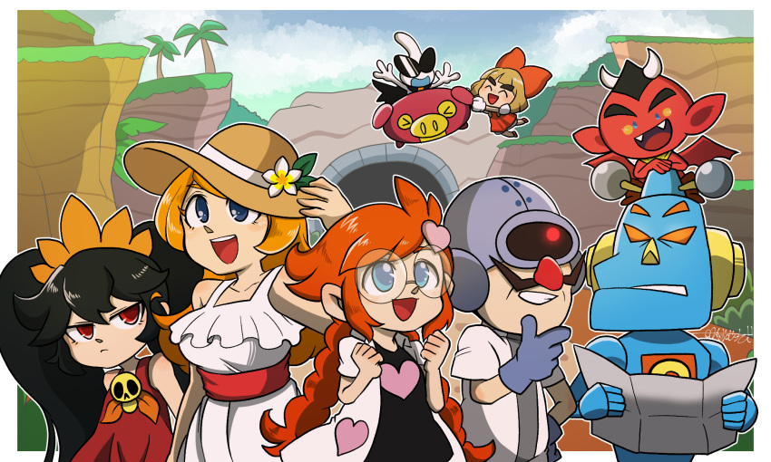 4boys 4girls alien ashley_(warioware) black_hair blue_eyes bow demon dr._crygor dress facial_hair glasses gloves hair_bow hair_ornament hat heart heart_hair_ornament highres holding holding_map lab_coat lulu_(warioware) map mike_(warioware) mona_(warioware) multiple_boys multiple_girls mustache omu_(sinsindan) open_mouth orange_hair orbulon palm_tree penny_crygor red_(warioware) red_dress red_eyes robot sun_hat sunglasses tree twintails warioware warioware:_move_it! white_dress