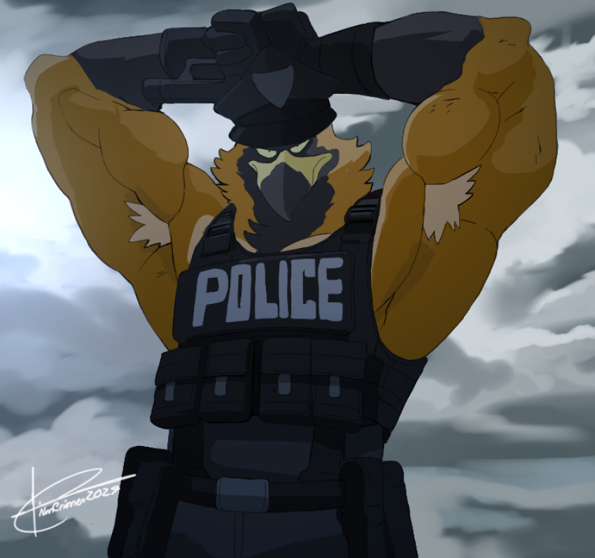 accipitrid accipitriform anthro avian biceps bird clothed clothing crimenes eagle hi_res male muscular muscular_anthro muscular_male nipples peak police solo