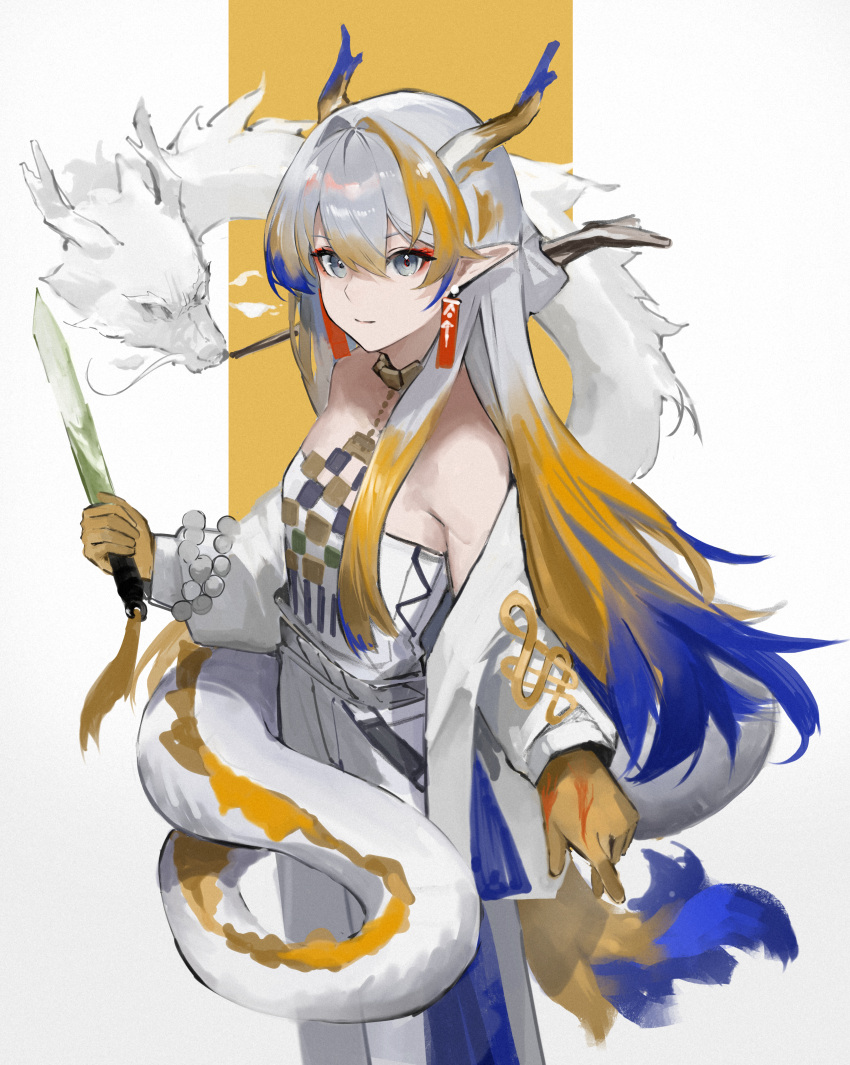 1girl absurdres arknights bare_shoulders beads blonde_hair brown_horns closed_mouth dragon dragon_girl dragon_horns dress earrings eastern_dragon feet_out_of_frame gradient_hair grey_eyes hair_between_eyes hair_intakes highres holding holding_sword holding_weapon horns jewelry light_smile long_dress long_hair long_sleeves looking_at_viewer multicolored_hair necklace off_shoulder pointy_ears purple_hair purple_horns s_4ik4 shu_(arknights) solo standing strapless strapless_dress sword weapon white_background white_dress white_hair white_horns yellow_background