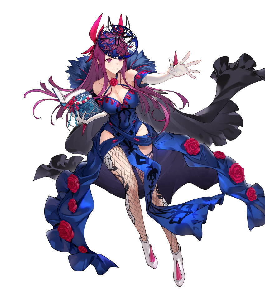 1girl attack bare_shoulders blue_dress book breasts cleavage dress elbow_gloves fascinator fire_emblem fire_emblem_engage fire_emblem_heroes fishnet_pantyhose fishnets flower flower_brooch flower_ornament gloves halterneck high_heels highres ivy_(fire_emblem) large_breasts long_dress long_hair non-web_source official_art open_book open_hand pantyhose purple_eyes purple_hair rose solo very_long_hair white_footwear white_gloves