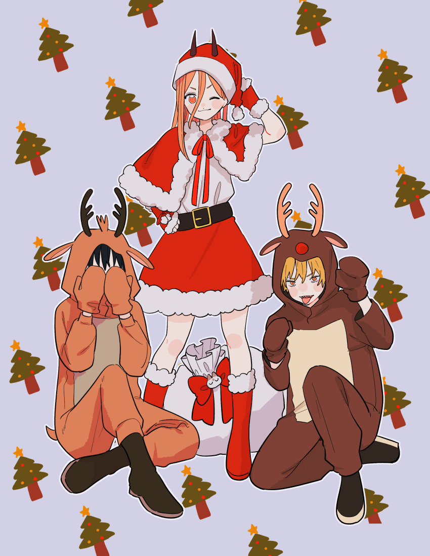 1girl 2boys absurdres animal_costume animal_hands arm_behind_head belt black_belt black_hair blonde_hair boots capelet chainsaw_man commentary_request covering_face cross-shaped_pupils denji_(chainsaw_man) fake_antlers fur-trimmed_capelet fur-trimmed_gloves fur-trimmed_skirt fur_trim gloves gurukousu hair_between_eyes hat hayakawa_aki highres horns multiple_boys one_eye_closed orange_eyes patterned_background paw_gloves paw_pose pink_eyes pink_hair power_(chainsaw_man) red_footwear red_gloves reindeer_costume sack santa_costume santa_hat sharp_teeth sitting skirt symbol-shaped_pupils teeth tongue tongue_out