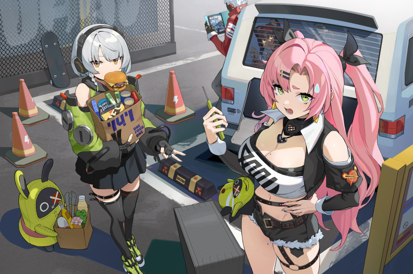 1boy 3girls absurdres anby_demara bag bangboo_(zenless_zone_zero) bare_shoulders belt billy_kid black_shorts black_skirt black_thighhighs breasts burger car cleavage clothing_cutout crop_top food fur_trim green_eyes hair_ornament hairclip hand_on_own_hip hand_up highres holding ildy large_breasts long_hair long_sleeves looking_at_viewer micro_shorts midriff miniskirt mole mole_on_breast motor_vehicle mouth_hold multiple_girls navel nekomiya_mana nicole_demara open_fly parted_bangs pink_hair pleated_skirt shirt shopping_bag short_hair short_shorts shorts shoulder_cutout skirt standing stomach thighhighs thighs traffic_cone two_side_up very_long_hair white_hair white_shirt zenless_zone_zero zettai_ryouiki